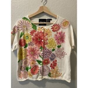 Michael Simon White Floral Beaded Cardigan Sweater Medium Vtg Spring Colorful M